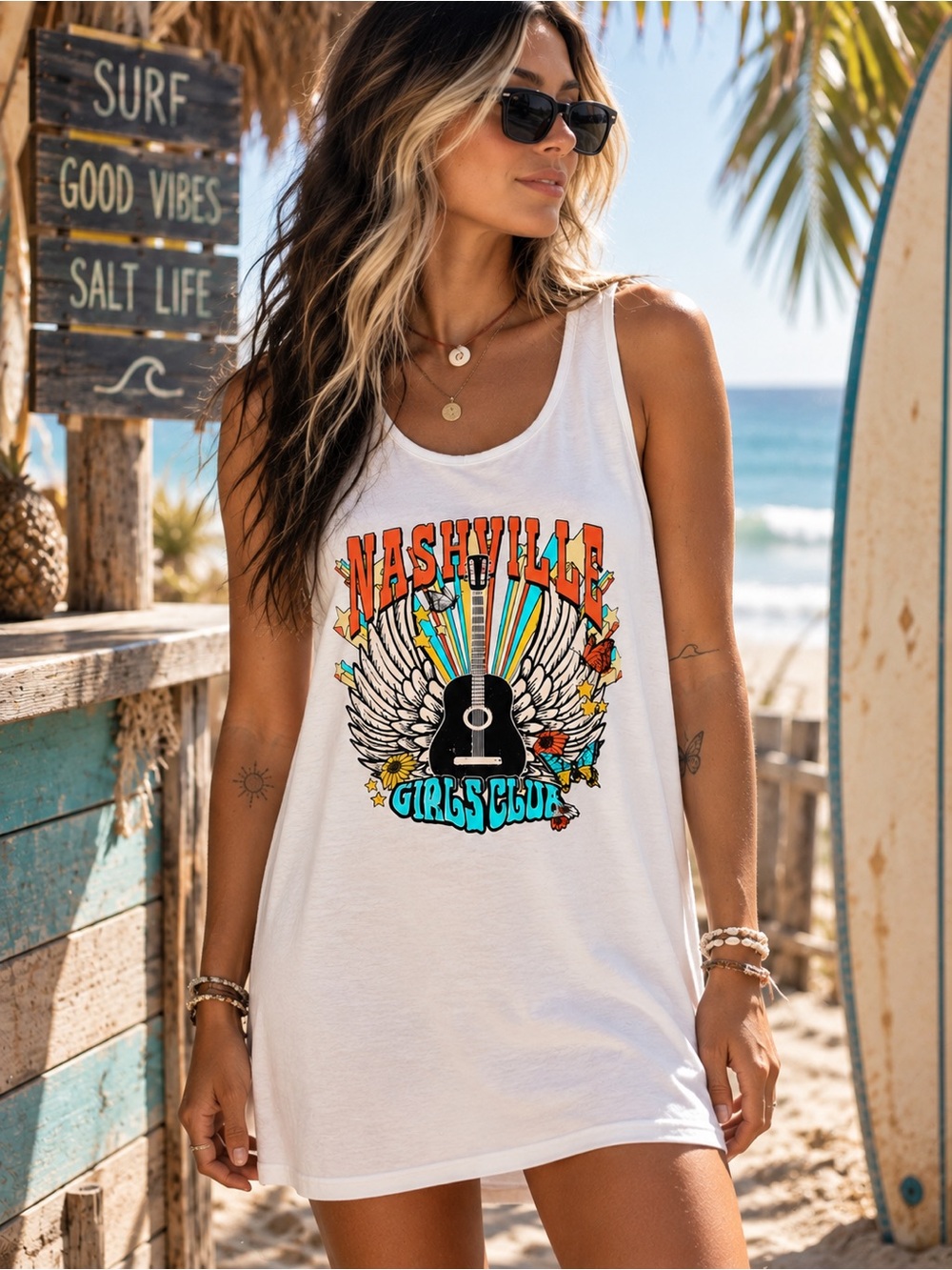 White Nashville Graphic Tank Dress - Girls Club Print